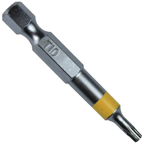 Close-up of T10 Torx Star Driver Bit Set 2 Inch Quick Change Shank Color Coded, showing T10 marking and gold band on shank