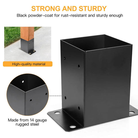 Heavy Duty Black Powder Coated 4 By 4 Post Base Set Of Five For Deck Pavilion Railing Support Bolt Down Inner Size Three Point Six By Three Point Six Inches 14 Gauge Steel Brackets Built For Sturdy Outdoor Use displayed with close-up on material and construction