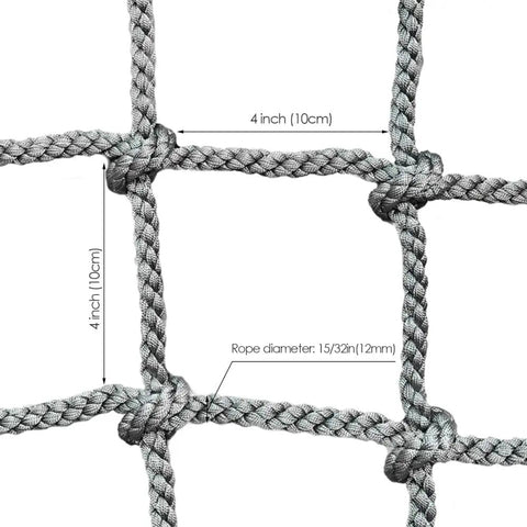 Close-up of gray nylon rope Playground Climbing Net For Kids Outdoor Playset Safe Cargo Rope Net with mesh size and diameter.