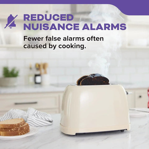 Burnt toast in toaster with smoke in kitchen highlighting reduced nuisance alarms from cooking.