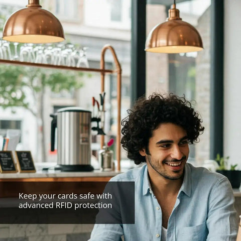 Man sitting in a cafe smiling, emphasizing urban lifestyle for Ultra Slim RFID Blocking Wallet For Men With Money Clip Carbon Fiber Build Lightweight Yet Durable Minimalist Card Holder For Everyday Carry Rugged And Refined Front Pocket Essential For Modern Dudes On The Go