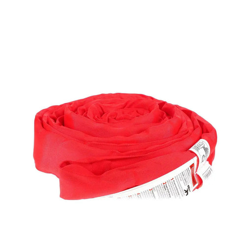 Battle Tested For Heavy Hauling No Sweat Endless Round Lifting Sling Five Inch By Twelve Foot Double Wall Polyester Hoist Strap, rolled up.
