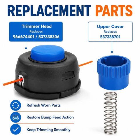Pro T25 Tap Feed Trimmer Head Repair Kit With Blue Bump Knob And Spring For Husqvarna 325RJX Loop Handle Grass Stringer Replaces Oem Parts Like 966674401 And 537338306 Made For Tough Jobs M10 X 1.25 Left Handed Thread replacement parts with trimmer head, upper cover, and spring