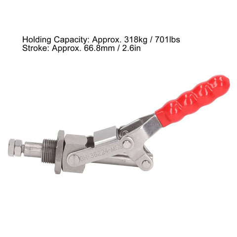 Beefy 66.8mm Stroke 180 Degree Push Pull Toggle Clamp With Hand Operated Red Plastic Handle And 304 Stainless Steel Construction For 318 Kilogram 701 Pound Capacity Ideal For Metalworking Woodworking And Assembly Lines