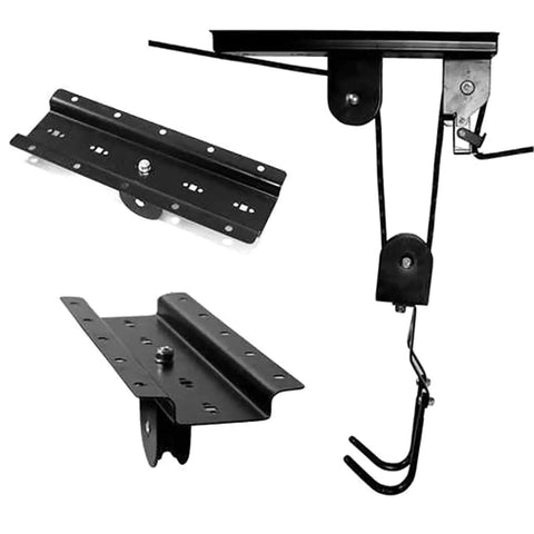 Heavy Duty Overhead Hoist And Pulley System With Sixty Kilogram Capacity, close-up of steel components and hooks, black finish