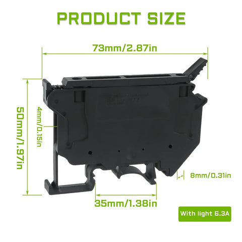 Heavy Duty Fuse Holder Terminal Block With LED Indicator For DIN Rail 24V DC 6.3A Screw Clamp 5x20 5x25 6x30 Fuse Sizes Black Pack Of 6 Industrial Grade size view, 73mm black DIN rail mount