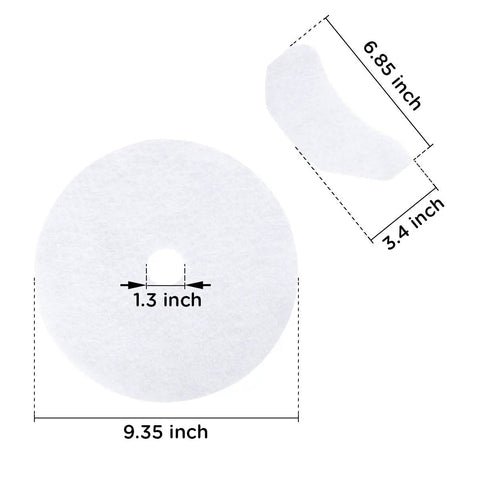 20Pcs Universal Dryer Exhaust Filter Set With 16 Exhaust Filters And 4 Air Intake Filters showing dimensions of round and curved filters