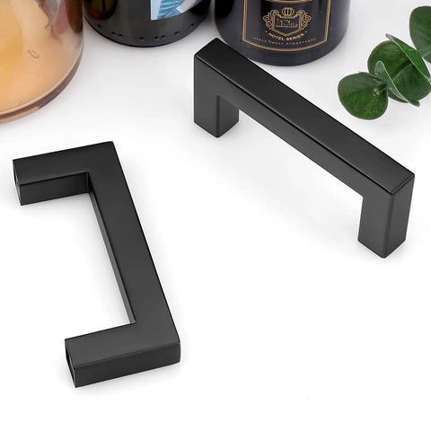Two Slick Matte Black Square Bar Cabinet Pulls 5 Pack With 3 3/4 Inch Hole Centers Heavy Duty Stainless Steel Drawer Handles.