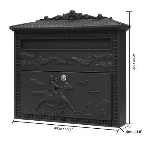 Locking Wall Mounted Steel Mailbox For Outdoor Use, Built To Last, Rust Proof Construction, Top Loading Mail Slot, Weather Resistant, 16W x 3.5D x 15.5H, Heavy Duty Cast Iron Style