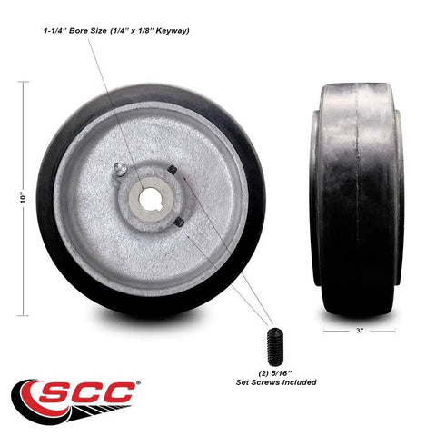 Heavy Duty 10 Inch By 3 Inch Rubber Tread Cast Iron Drive Wheel With 1 1 4 Inch Plain Bore And Two 5 16 Set Screws built solid for moving heavy loads.