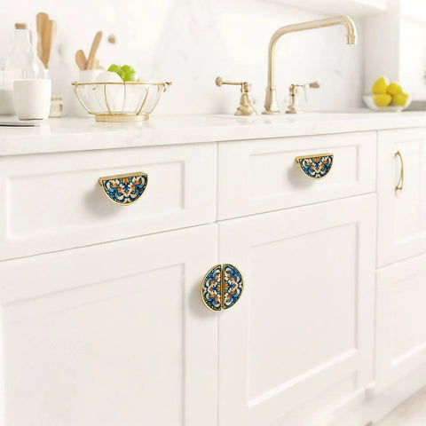 2 Pack Orange Blue Baroque Tile Cabinet Handles Semicircle Drawer Pulls 3 Inch Center Hole Solid Zinc Alloy Hardware In Gold Finish For Kitchen Bathroom Dresser Dope Boho Chic Vibe on white cabinets