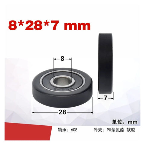 Solid PU Polyurethane Roller Bearing With External M8 M6 Thread And Soft Rubber Coating For Skateboards Doors And Industrial Motor Conveyor Wheels Hella Durable With Super Smooth Rolling Experience Everyday, 8x28x7 mm size.