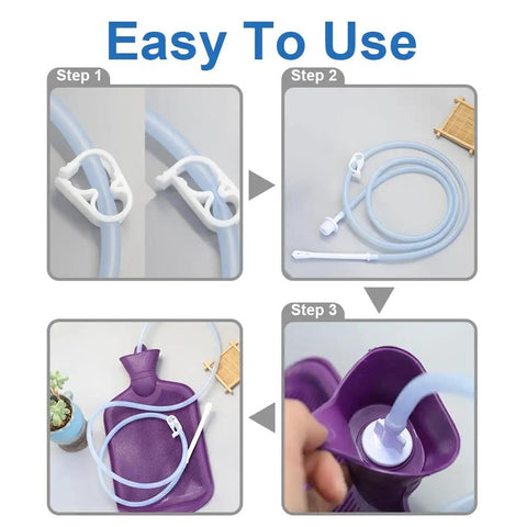 Steps to use Home Use Colon Cleanse Enema Bag Kit 2L With 4 Tip Nozzles, Flow Control Clamp, 5ft Hose shown in four images