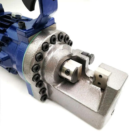 Close-up of Portable Electric Rebar Cutter RC 20 showing cutting mechanism for rebar up to 20mm on job site.