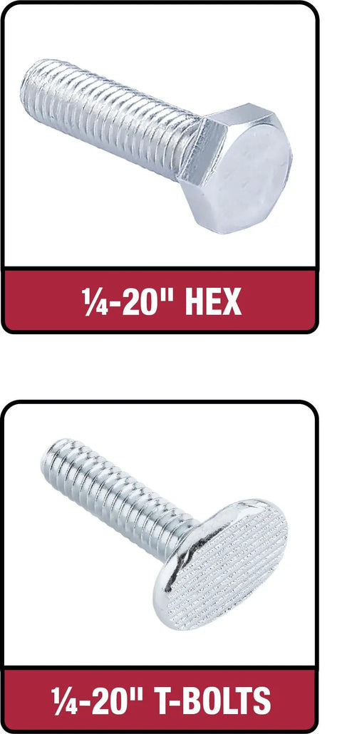 1/4-20" HEX and T-BOLTS, hex head and flat T-bolt design, heavy-duty fastening for jigs and fixtures, durable materials.