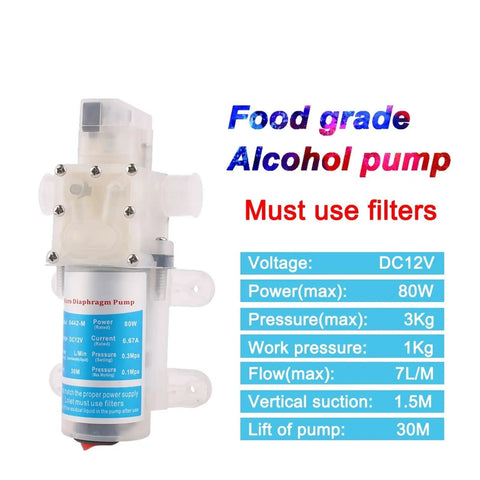 Heavy Duty 12V Automatic Electric Diaphragm Water Pressure Pump 75W for alcohol with detailed specifications in a clear layout.