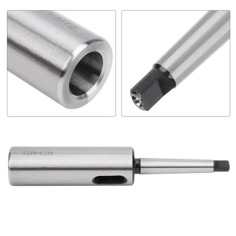 Shop Ready Extra Long MT1 To MT2 Morse Taper Drill Sleeve Reducing Adapter showcasing the hardened steel design and tapered end.
