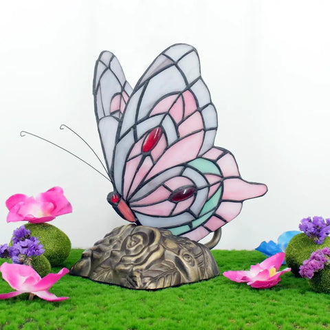 Tiffany Style Stained Glass Butterfly Table Lamp With Pink Butterfly Accent, Small Desk Lamp on decorative surface