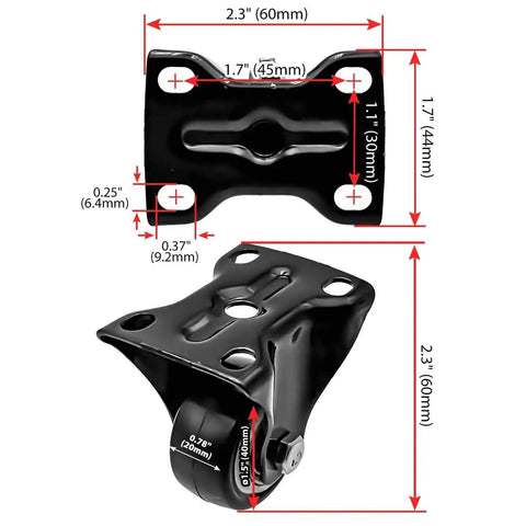 Heavy Duty 12 Pack 1.5 Inch Fixed Caster Wheels For Moving Big Couches And Workbenches each polyurethane roller part dimensions detailed view.
