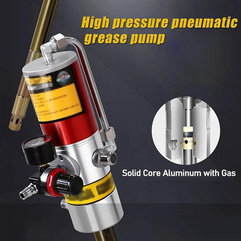 Air Powered Grease Pump for 55 Gallon Drums with 16ft Tubing, showcasing high pressure pump and solid aluminum body details.