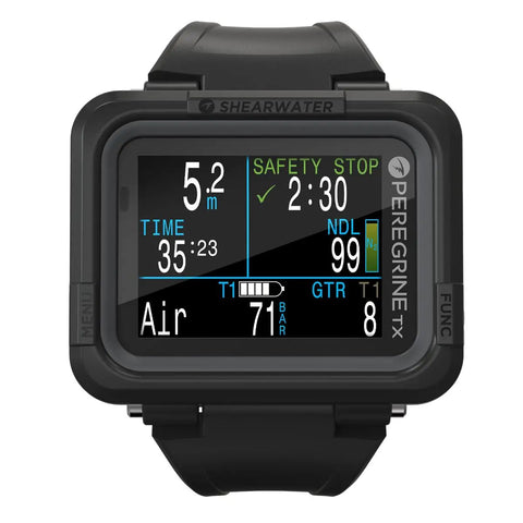 Peregrine TX Dive Computer With Two Point Two Inch LCD Full Color Display showing real-time dive data on wrist strap
