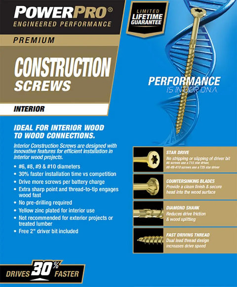 PowerPro premium interior construction screws with star drive and fast driving threads, suitable for wood connections.