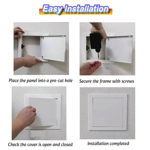 Installation steps for Tough As Nails Drywall Access Panel And Ceiling Inspection Hatch in light gray.