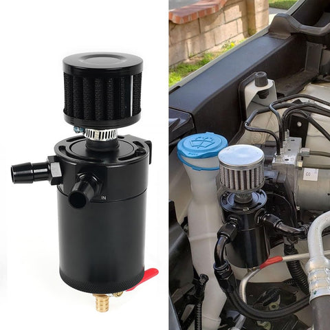 Universal Billet Aluminum Oil Catch Can Kit With 2 Port Breather Filter Reservoir And Oil Separator installed in car engine.