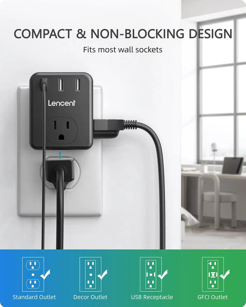 Three Way Wall Outlet Extender With Three AC Outlets And Three USB Ports No Fuss Wall Charger in office setting