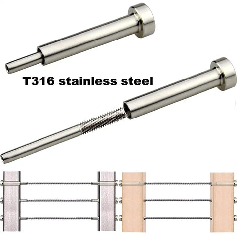 Hidden Stainless Cable Railing Kit With Turnbuckle for 4x4 or 2x2 posts, T316 steel, components and installation examples.