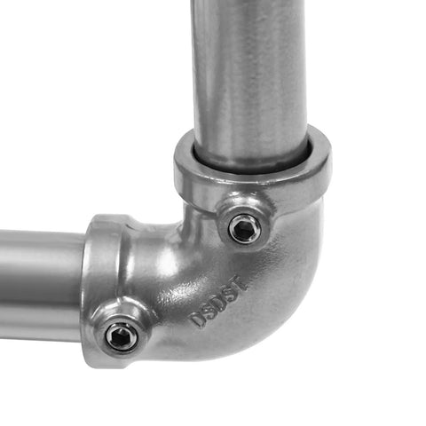 Close-up of heavy-duty steel pipe elbow joint with screws, part of Heavy Duty Rolling Laundry Cart With Hanging Bar And Swivel Locking Wheels.