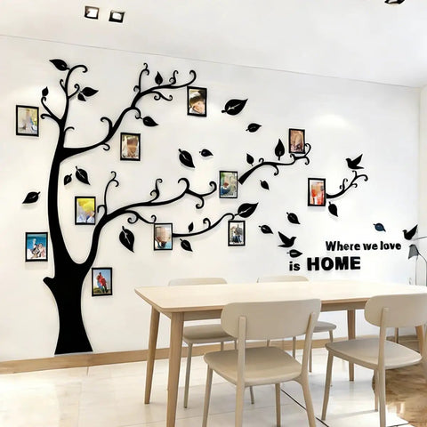Tree Wall Decals For Living Room And Bedroom, 3D DIY Photo Frame Tree Mural, Family Photo Frame Sticker, Black Right Orientation, Large 83 By 59 Inch Wall Decor For Home displayed on a wall above dining table.