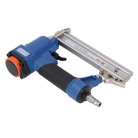 Pro Grade Pneumatic Brad Nailer 18 Gauge Air Powered Nail Gun Made For Woodworking Hustlers Job Site Tough Heavy Duty Workhorse close-up view with blue handle and aluminum body.