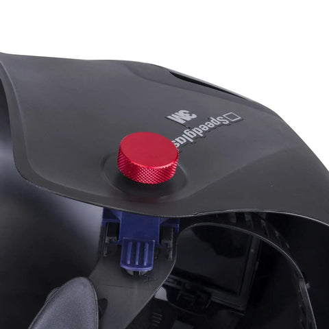 Pipeliner Style Welding Hood Fasteners Headgear Replacement Screws Aluminum Red Anodized Knurled Pair on black helmet.