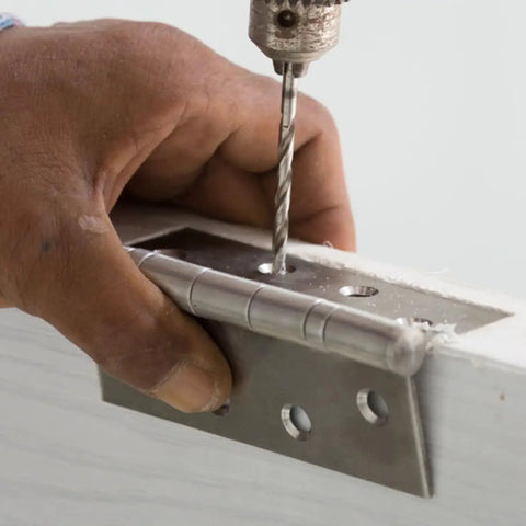 Drilling hole in wood with 8 Pack Stainless Steel L Shaped Corner Brackets For 90 Degree Furniture And Cabinet Support, Heavy Duty Triangular Braces