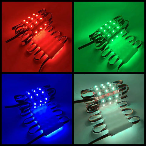 Bright Dope LED Storefront Window Lights Kit For Business Waterproof RGB Light Strips 60 Ft With 120 Pieces Upgraded Thermal Conductive Board Ideal For Advertising Signs Lightboxes And Letter Sign Displays shown in red, green, blue, and white colors.