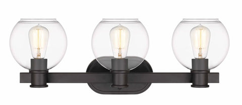 Modern Farmhouse 3 Light Vanity Light Industrial Wall Sconce with clear glass globe shade, graphite finish, up/down mount.