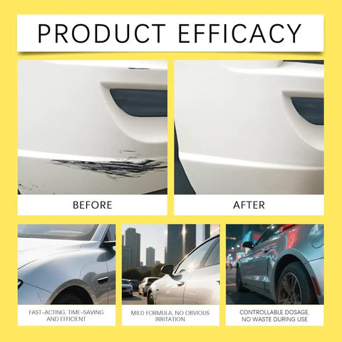 Before and after images showing Pro Grade Scratch Eraser Paste That Buffs Out Gnarly Dings And Road Rash Fast results on car panels.