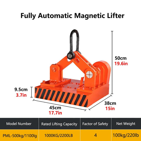 Heavy Duty 1100 Lbs Magnetic Lifter With Rust Proof Alloy Steel Body and high strength hooks, showcasing dimensions and safety features.