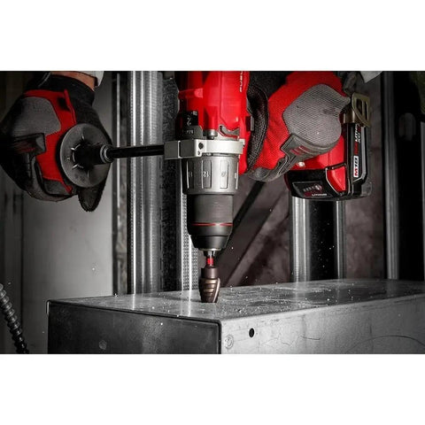 Heavy Duty 3Pc Titanium Step Drill Bit Kit With Impact Ready Dual Flutes And Rapid Strike Tip For Faster Holes In Metal Sheets And Panels Made To Last Longer Than Standard Bits. Step bit drilling metal panel with drill