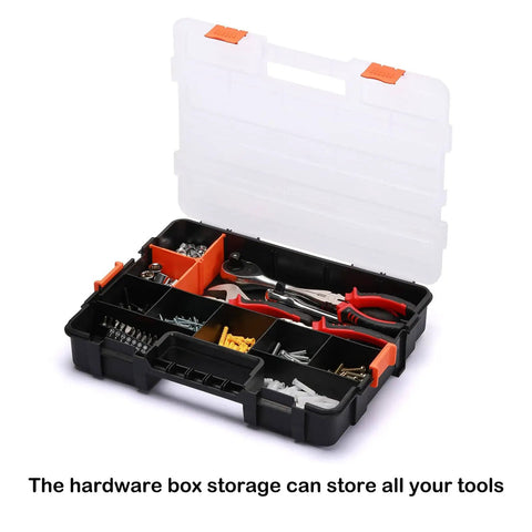 Interlocking Tool Box Organizer Two Piece Set With Removable Dividers For Small Parts Fasteners And Crafts Black Durable Plastic Case With Secure Latch Keeps Tools And Contents In Place, open view with tools inside.