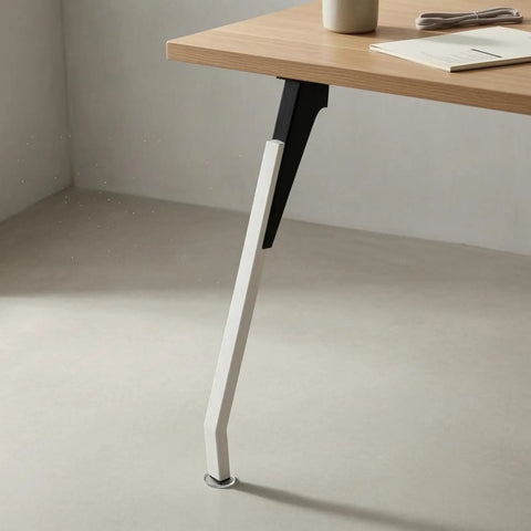 Adjustable Metal Desk Leg With Tapered Angled Profile And Built In Cable Management Pass Through For A Clean Home Office Setup Heavy Duty Study Table Support Leg Diamond Black providing support to a wooden desk top.