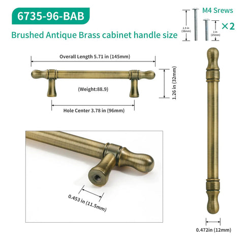 3.75 Inch Cabinet Pulls Brushed Antique Brass 6 Pack Small Drawer Pulls details and dimensions shown
