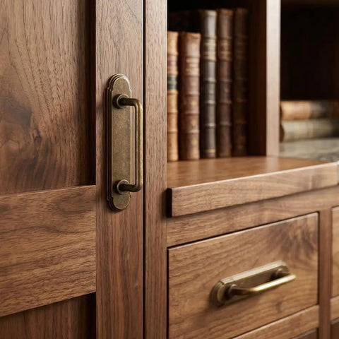 Antique Brass Cabinet Pulls With Backplates Set Of 2 3 Inch Hole Centers Vintage Inspired Drawer Handles on wooden cabinet