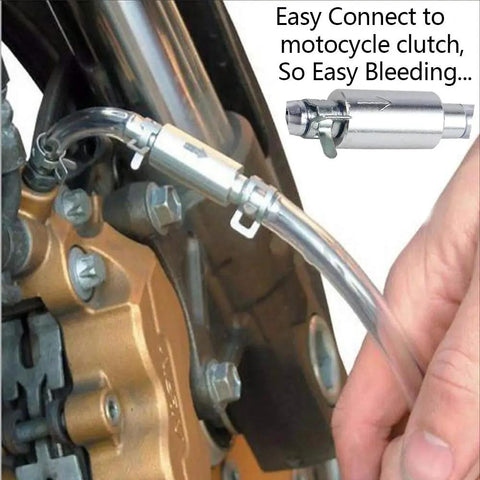 Brake Bleeder Hose Kit With One Way Check Valve For Motorcycle Clutch Bleeding Corrosion Resistant Aluminum Body Easy Clip Connection Air Blocking Tube Tool For Quick Mess Free Brake Fluid Release shown installed on motorcycle clutch.