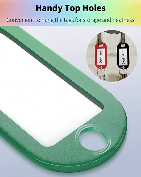 Super Tough Plastic Key Tags With Split Ring Quick Release Loop And Clear Label Window, 40 Pack Assorted Colors close-up of green tag with hole
