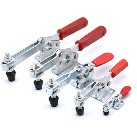 Heavy Duty Horizontal Toggle Clamps Set Of Twenty Pieces Featuring Quick Release Cam Action And Adjustable Tension For Kickass Woodworking Jigs And Shop Build Tasks showing different sizes and designs with red handles.
