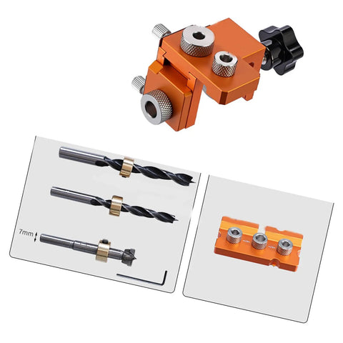 3 In 1 Wood Joinery Drill Jig Set Adjustable Hole Locator Puncher with drill bits, orange metal body for furniture assembly.