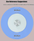 Top view of Built Tough Tempered Glass Lazy Susan Turntable for dining table, 47 inch, size reference chart showing 20-25cm gap.