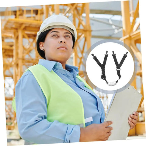 Dead Set Heavy Duty Adjustable Helmet Chin Strap For Hard Hats And Safety Helmets With Rugged Nylon Webbing worn by a worker in safety gear.